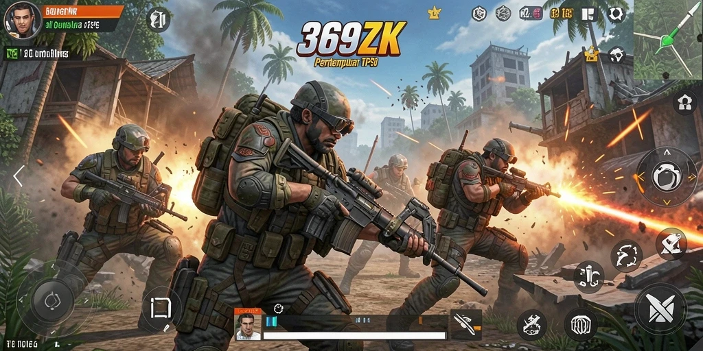 Screenshot dari gameplay intens dalam pertempuran TPS.