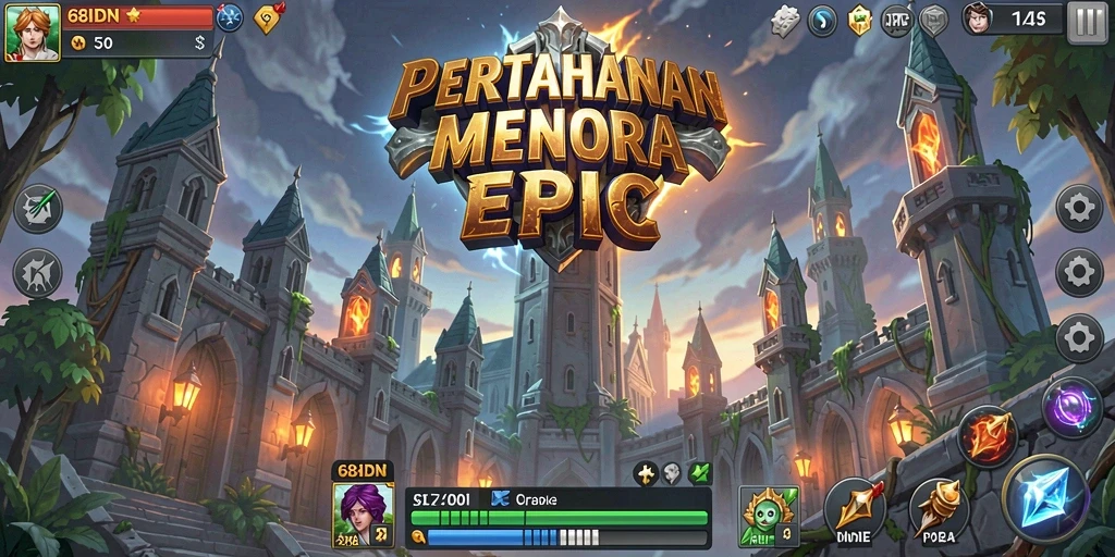 Tampilan gameplay Tower Defense di 68IDN dengan menara yang strategis.