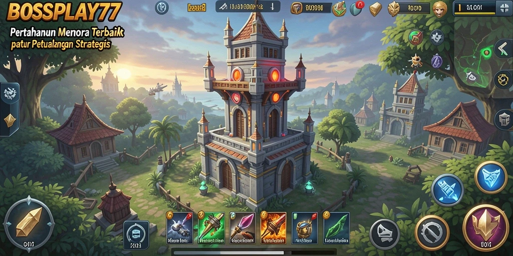 Tampilan gameplay menarik dari BOSPLAY77 dengan berbagai menara pertahanan.