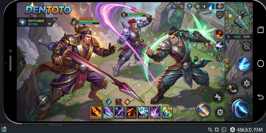 Screenshot gameplay DENTOTO menampilkan pertarungan seru di arena.