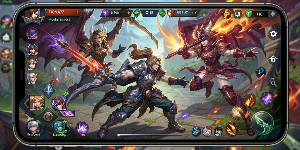 Tampilan gameplay seru dalam FIONA77 dengan aksi MOBA yang mendebarkan.