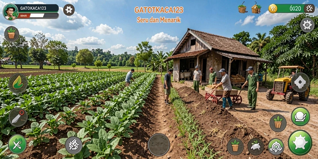 Tampilan gameplay menarik dari GATOTKACA123 dengan pertanian yang rapi.