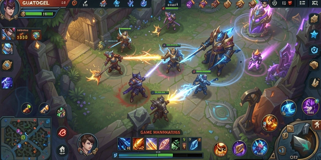 Momen seru dalam gameplay <strong>GUATOGEL</strong> yang menampilkan pertarungan tim di arena.