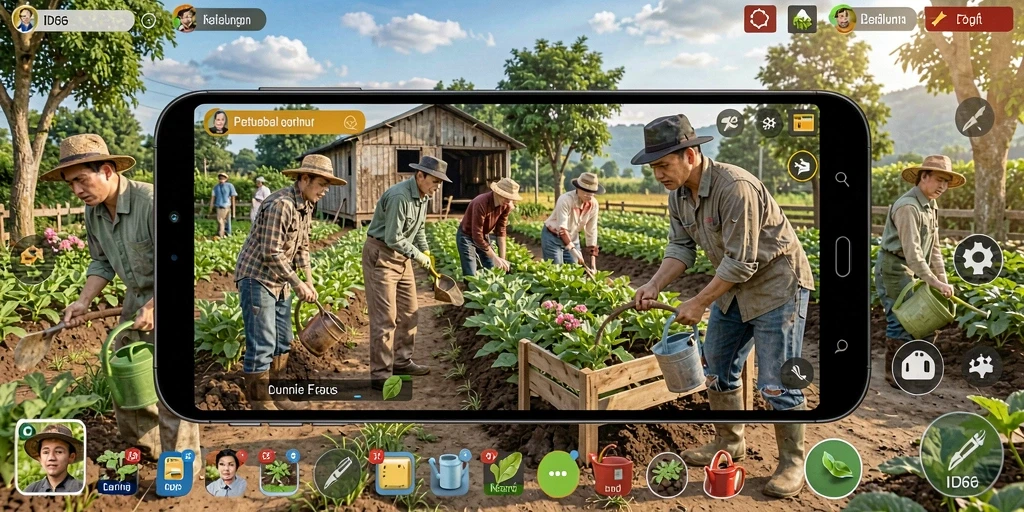 Screenshot utama ID66 menunjukkan gameplay berkebun yang menyenangkan dan interaktif.