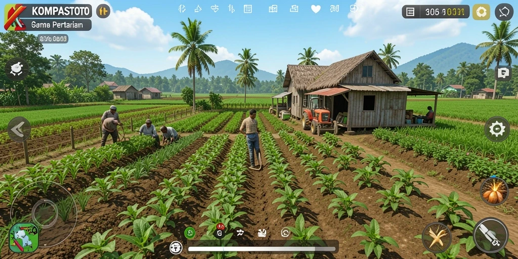 Screenshot gameplay KOMPASTOTO yang menunjukkan aktivitas bertani dan interaksi sosial.