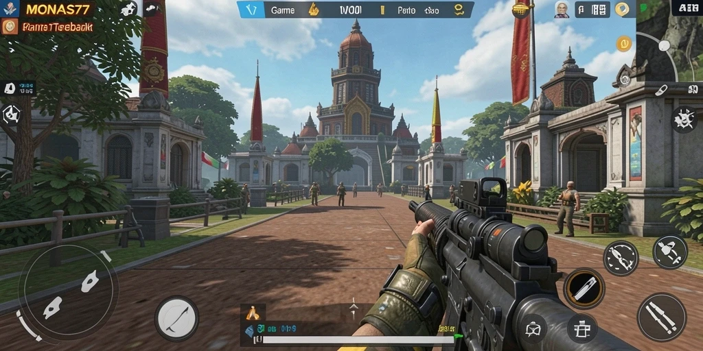 Tangkapan layar utama MONAS77 menampilkan aksi seru dalam gameplay TPS.