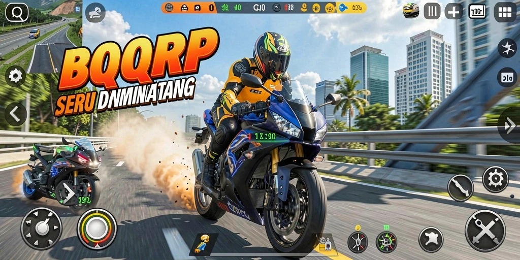 Screenshot gameplay QQRP menampilkan serunya balapan motor di trek menantang.