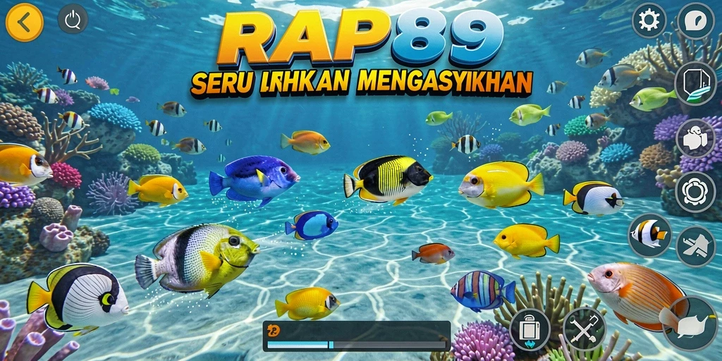 Screenshot gameplay seru RAP89 dengan berbagai ikan untuk ditembak.